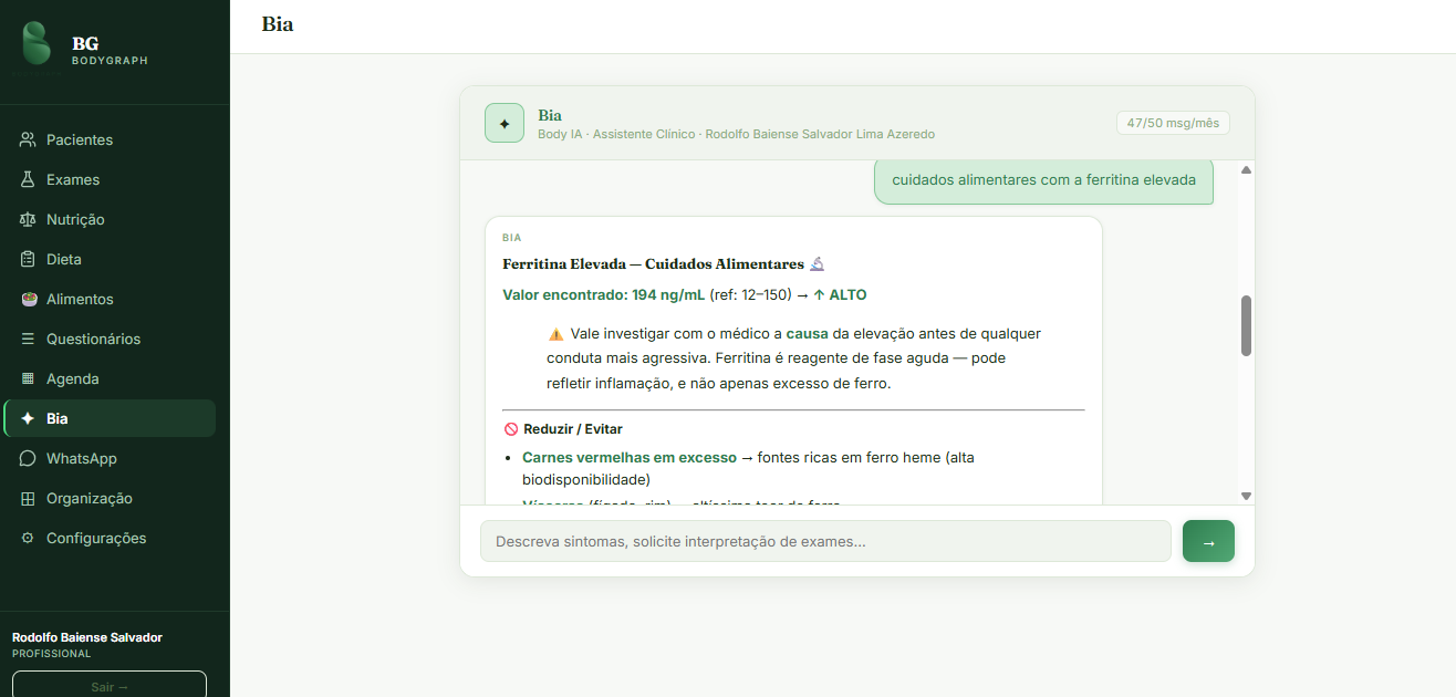 Interface da Bia interpretando ferritina elevada com sugestão de conduta